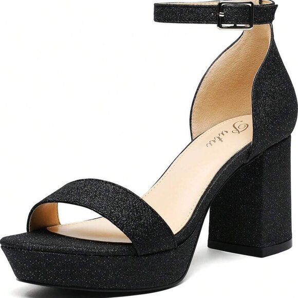 Mishansha Women's US 8.5 Black‎ Ankle Strap Rhinestone Glamorous Heeled Sandals, - Picture 1 of 4